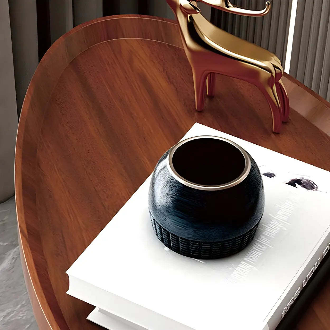 Natural Oval Wood Metal C-Shaped End Table