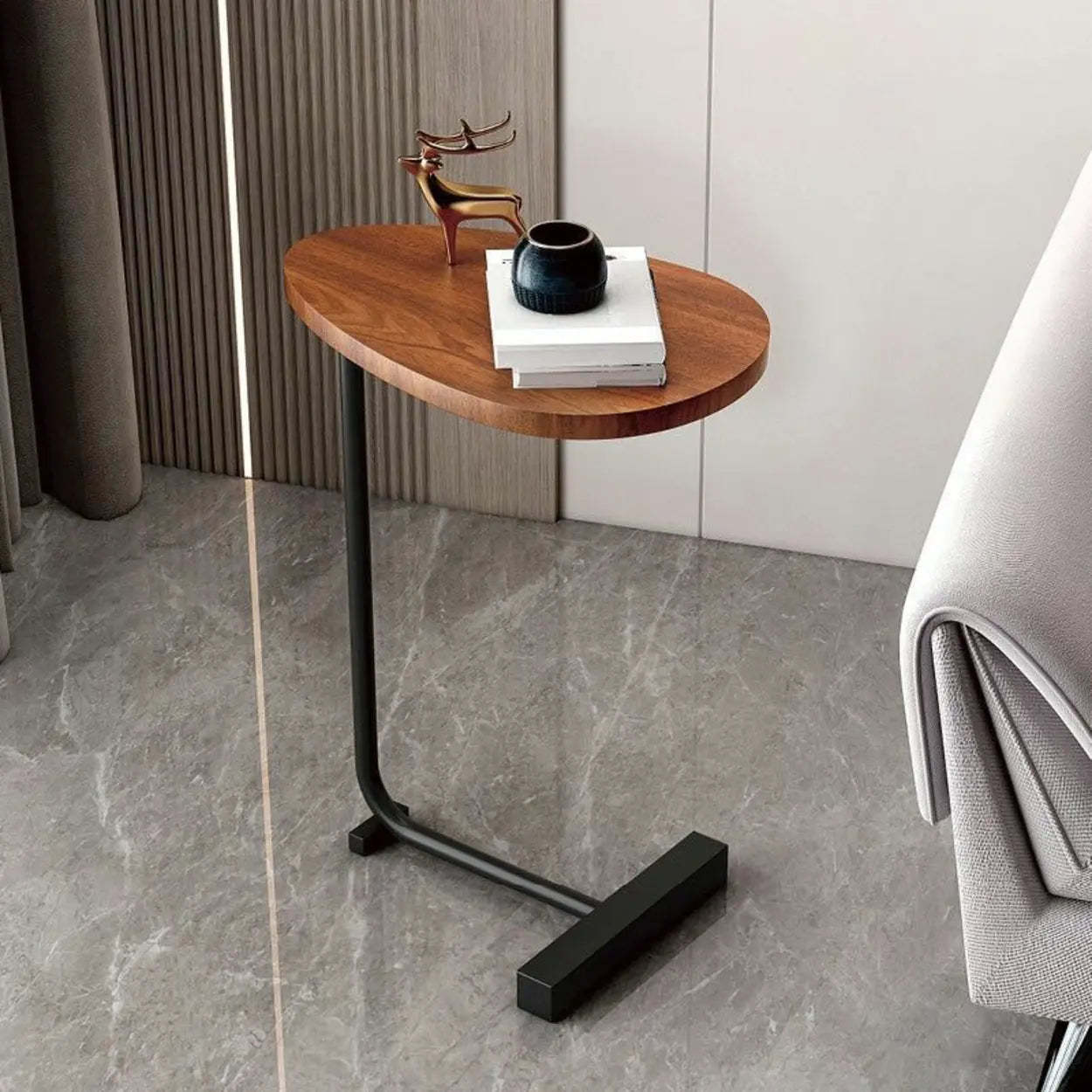 Natural Oval Wood Metal C-Shaped End Table