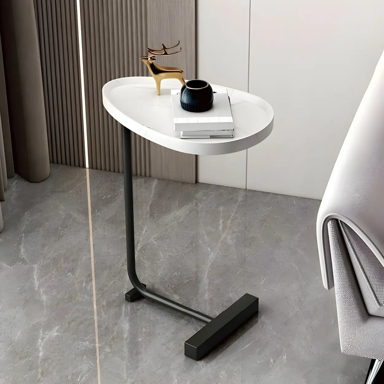 Natural Oval Wood Metal C-Shaped End Table