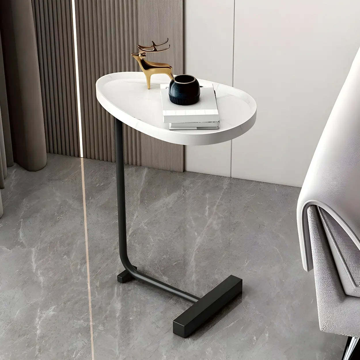 Natural Oval Wood Metal C-Shaped End Table