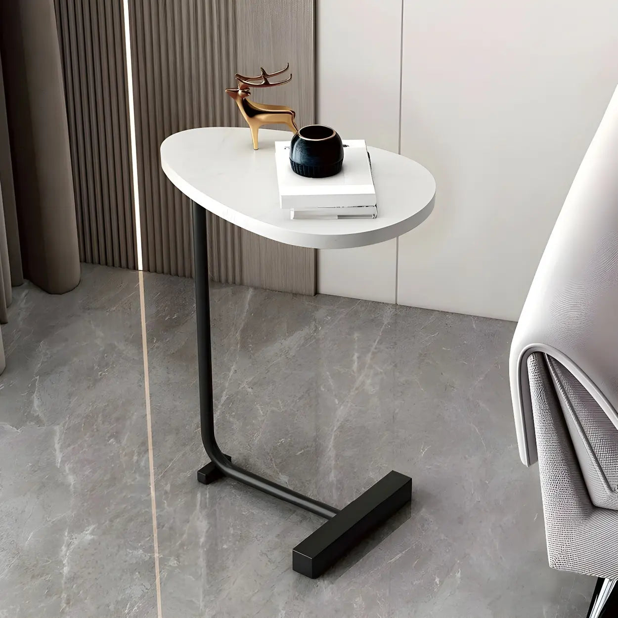 Natural Oval Wood Metal C-Shaped End Table