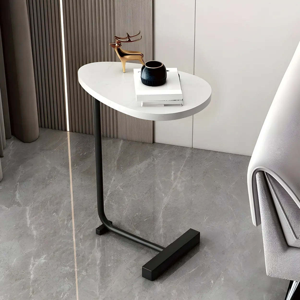 Natural Oval Wood Metal C-Shaped End Table