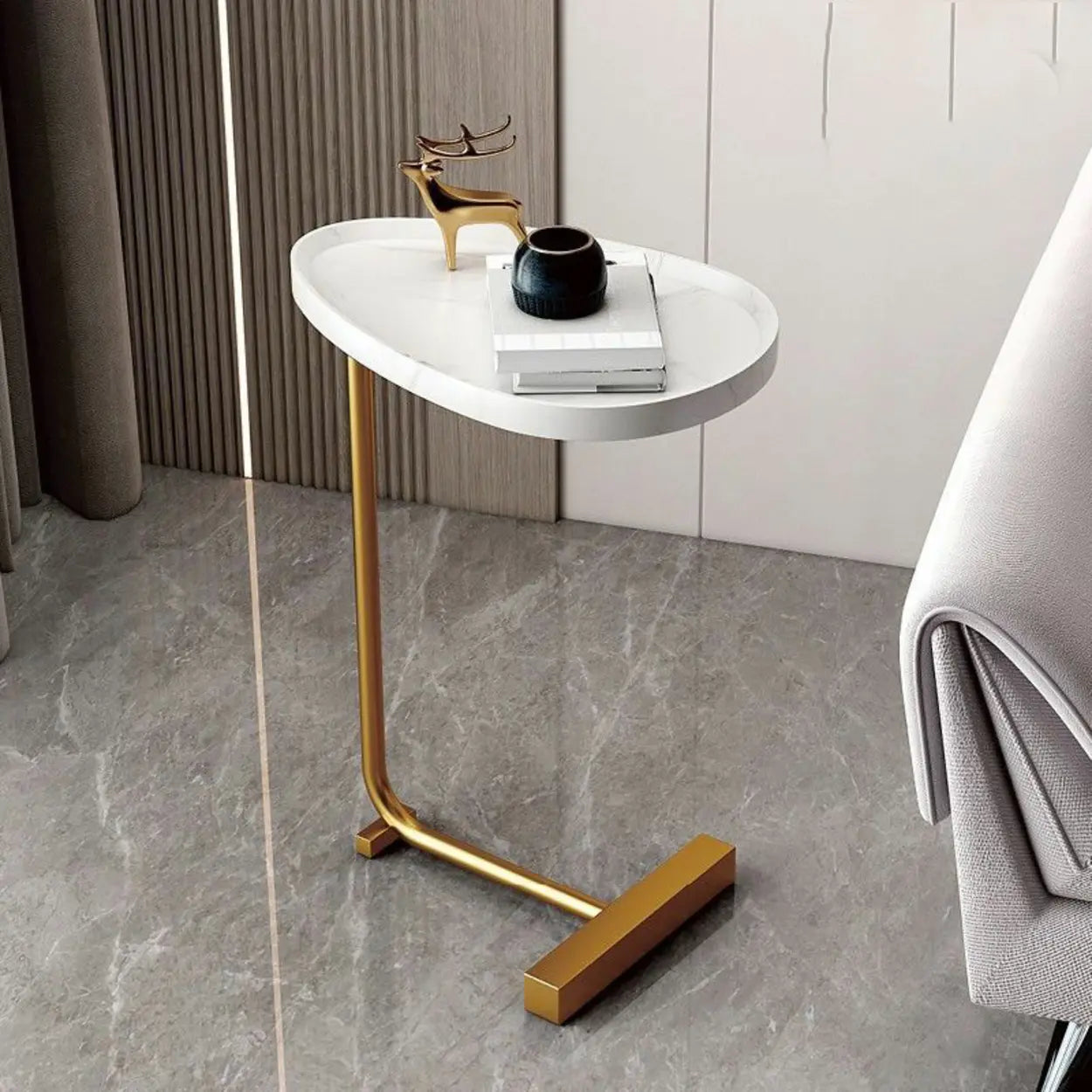 Natural Oval Wood Metal C-Shaped End Table — Concave / Black / White