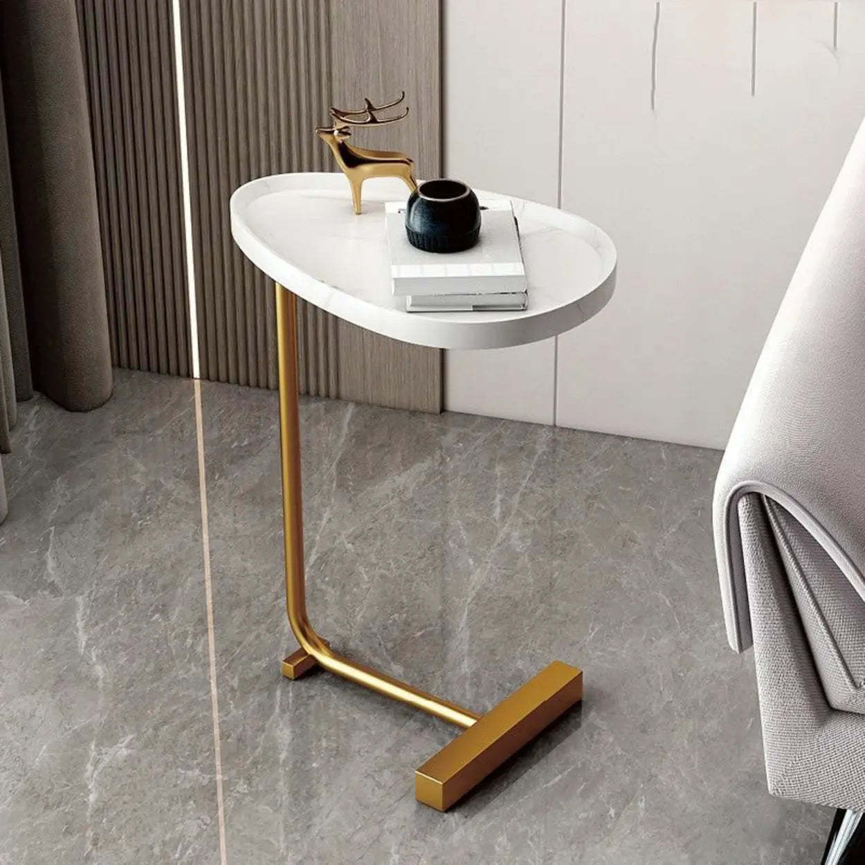 Natural Oval Wood Metal C-Shaped End Table — Concave / Black / White