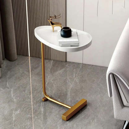 Natural Oval Wood Metal C-Shaped End Table — Concave / Black / White