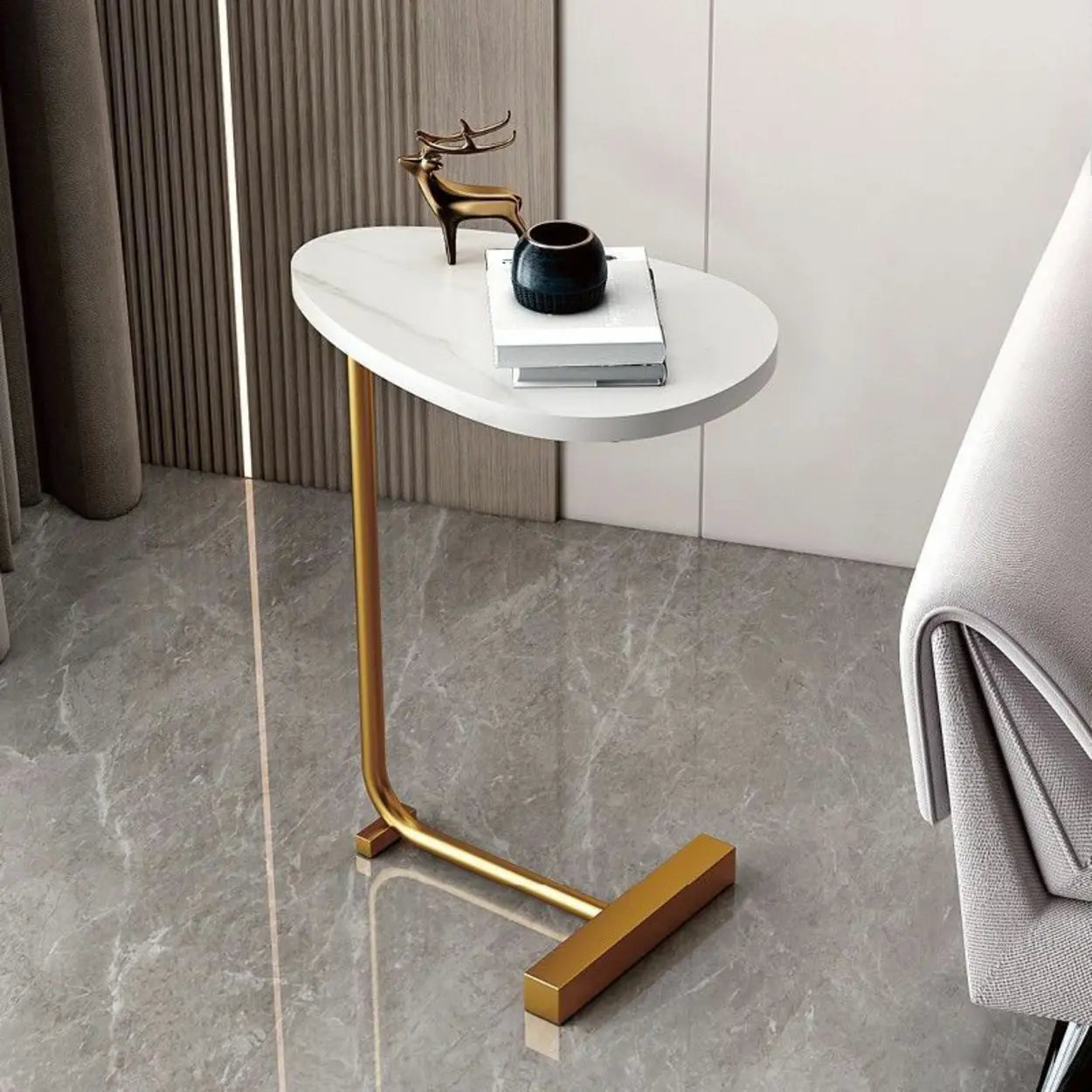 Natural Oval Wood Metal C-Shaped End Table — Concave / Black / Walnut
