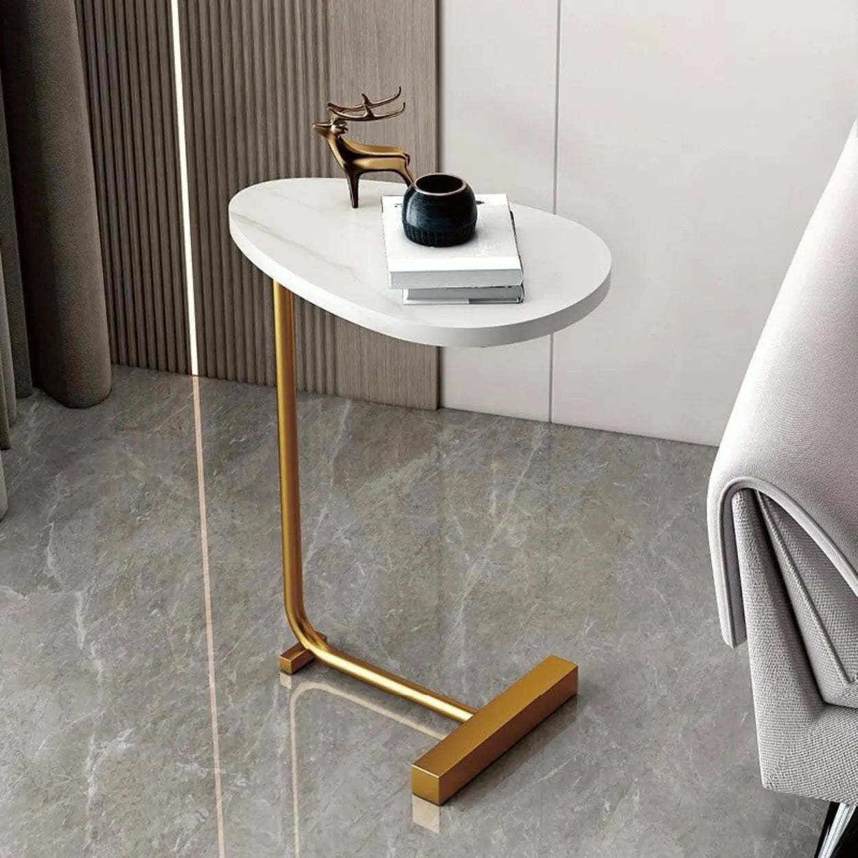 Natural Oval Wood Metal C-Shaped End Table — Concave / Black / Walnut