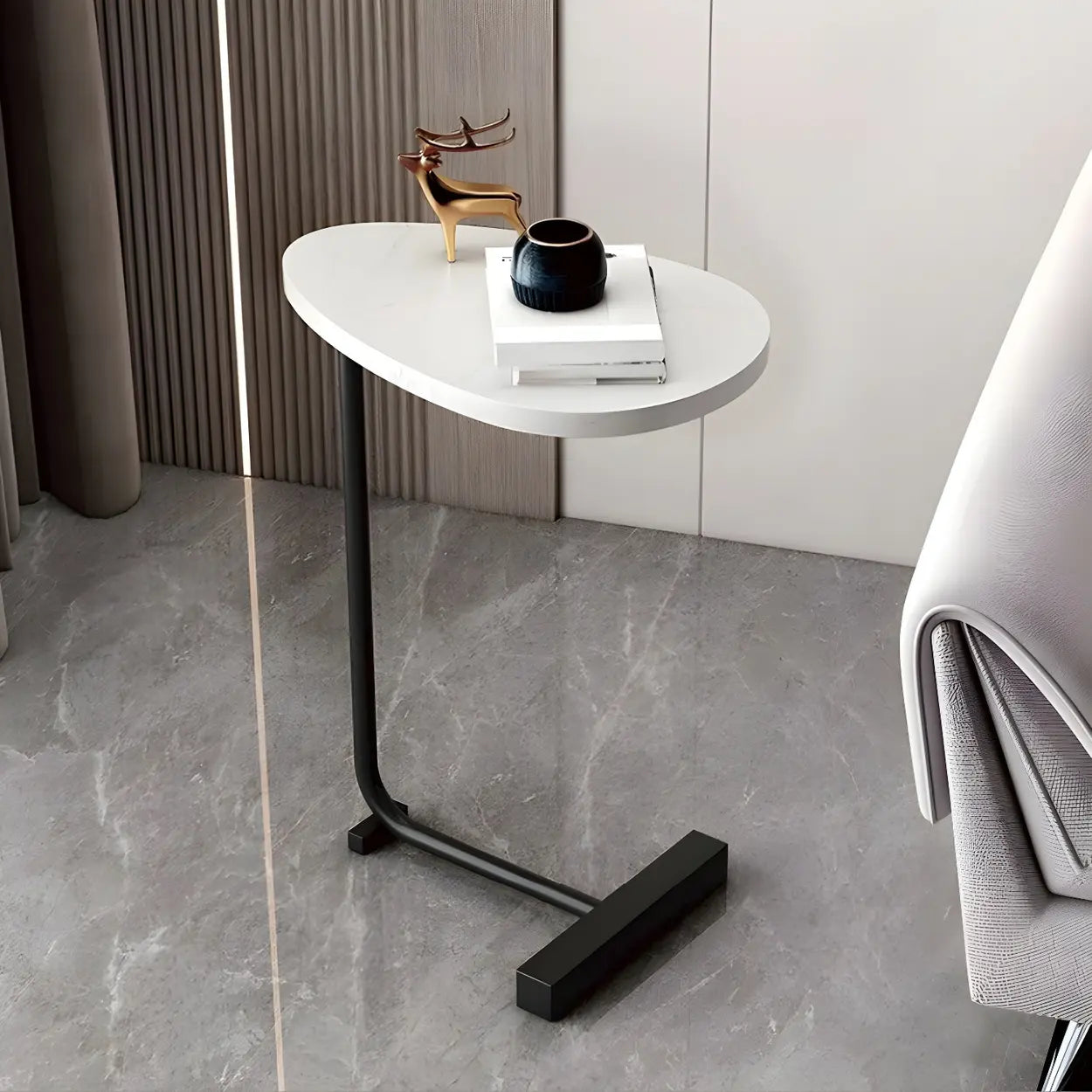 Natural Oval Wood Metal C-Shaped End Table — Concave / Gold / Black