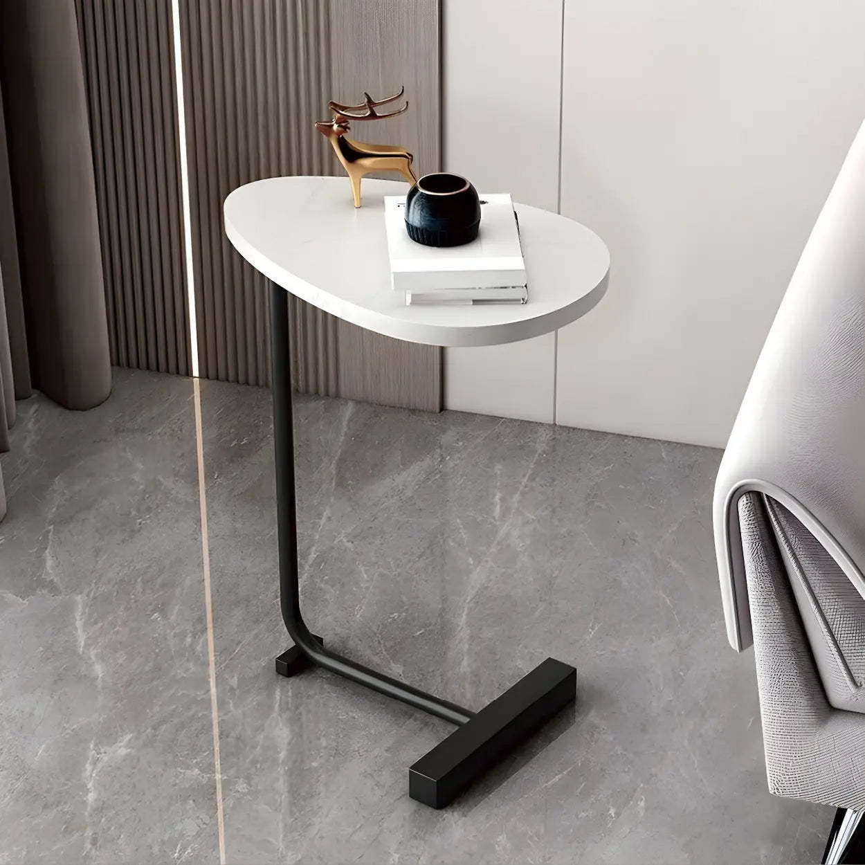 Natural Oval Wood Metal C-Shaped End Table — Concave / Gold / Black
