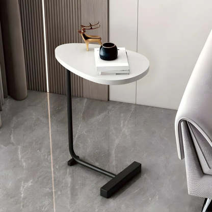 Natural Oval Wood Metal C-Shaped End Table — Concave / Gold / Black
