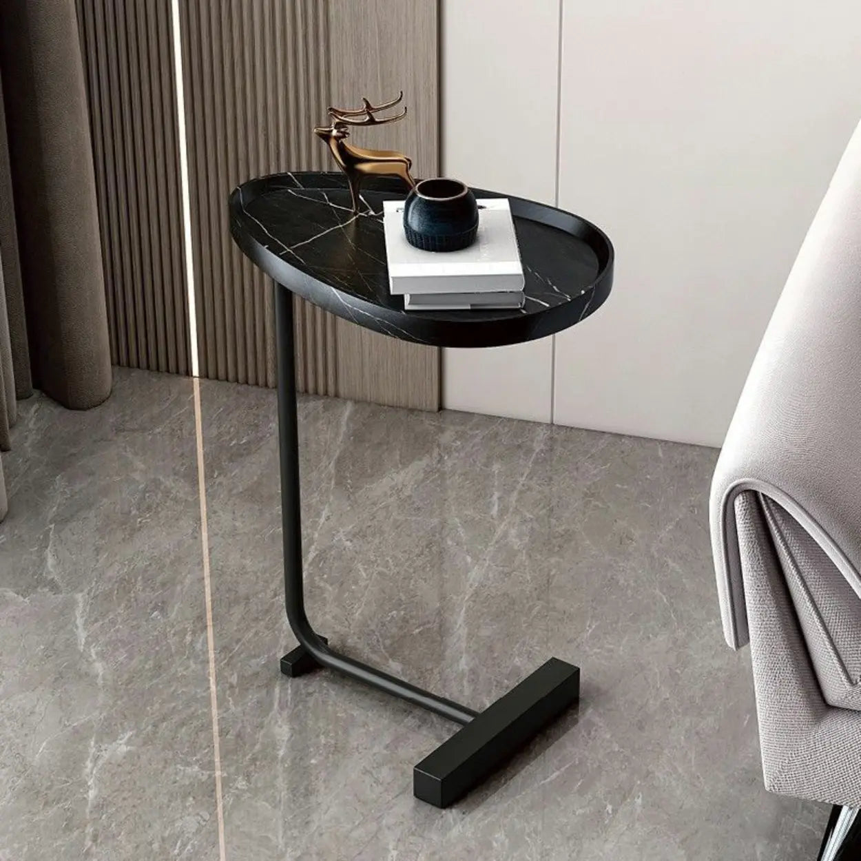 Natural Oval Wood Metal C-Shaped End Table — Concave / Gold / White
