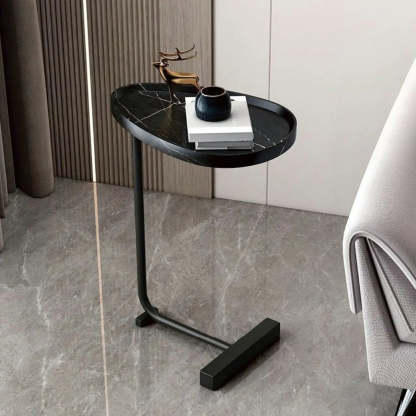 Natural Oval Wood Metal C-Shaped End Table — Concave / Gold / White
