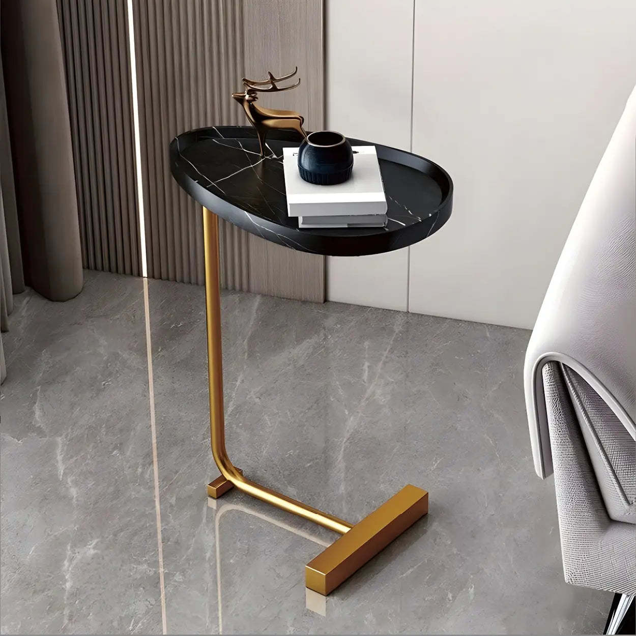 Natural Oval Wood Metal C-Shaped End Table — Concave / Gold / Walnut