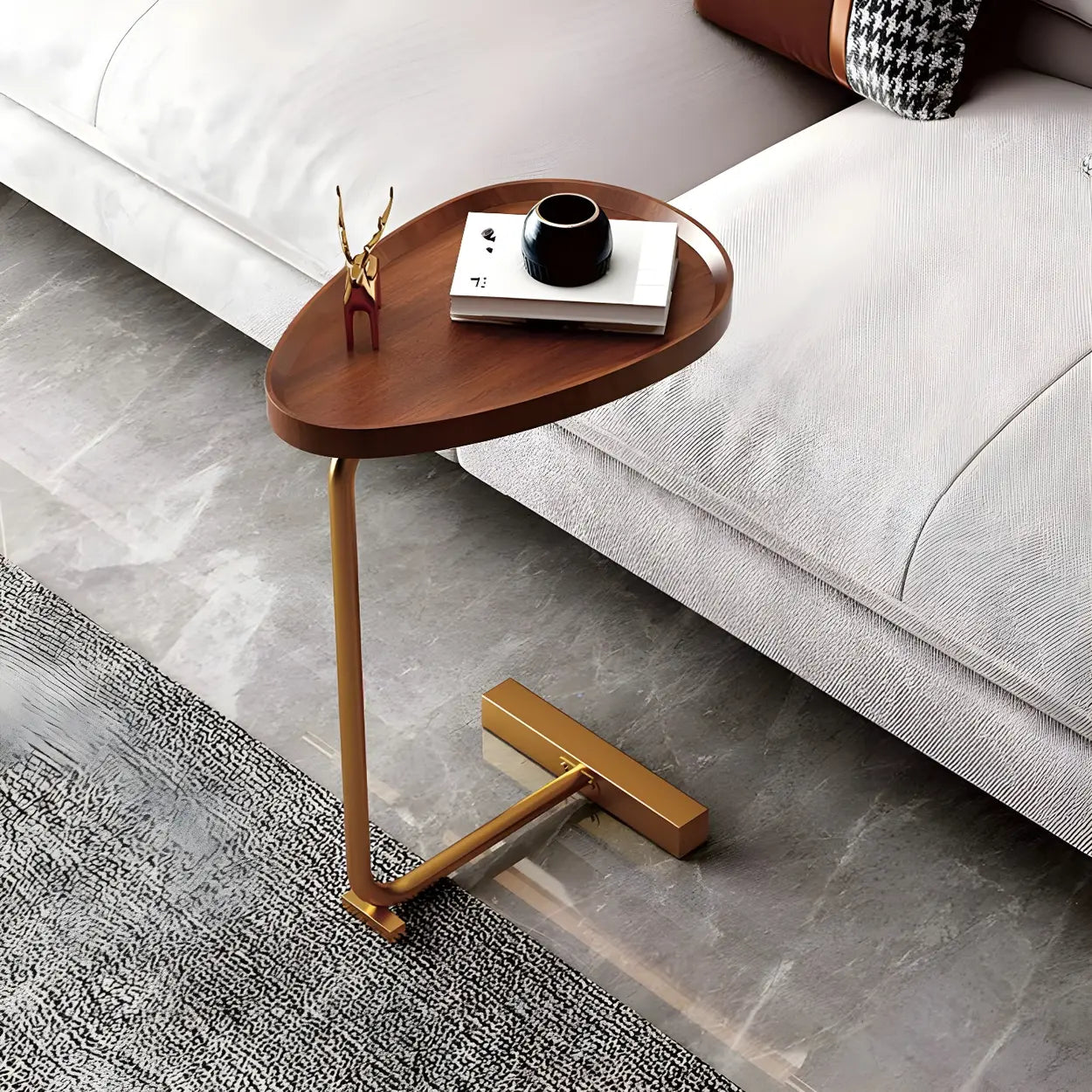 Natural Oval Wood Metal C-Shaped End Table — Flat / Black / White