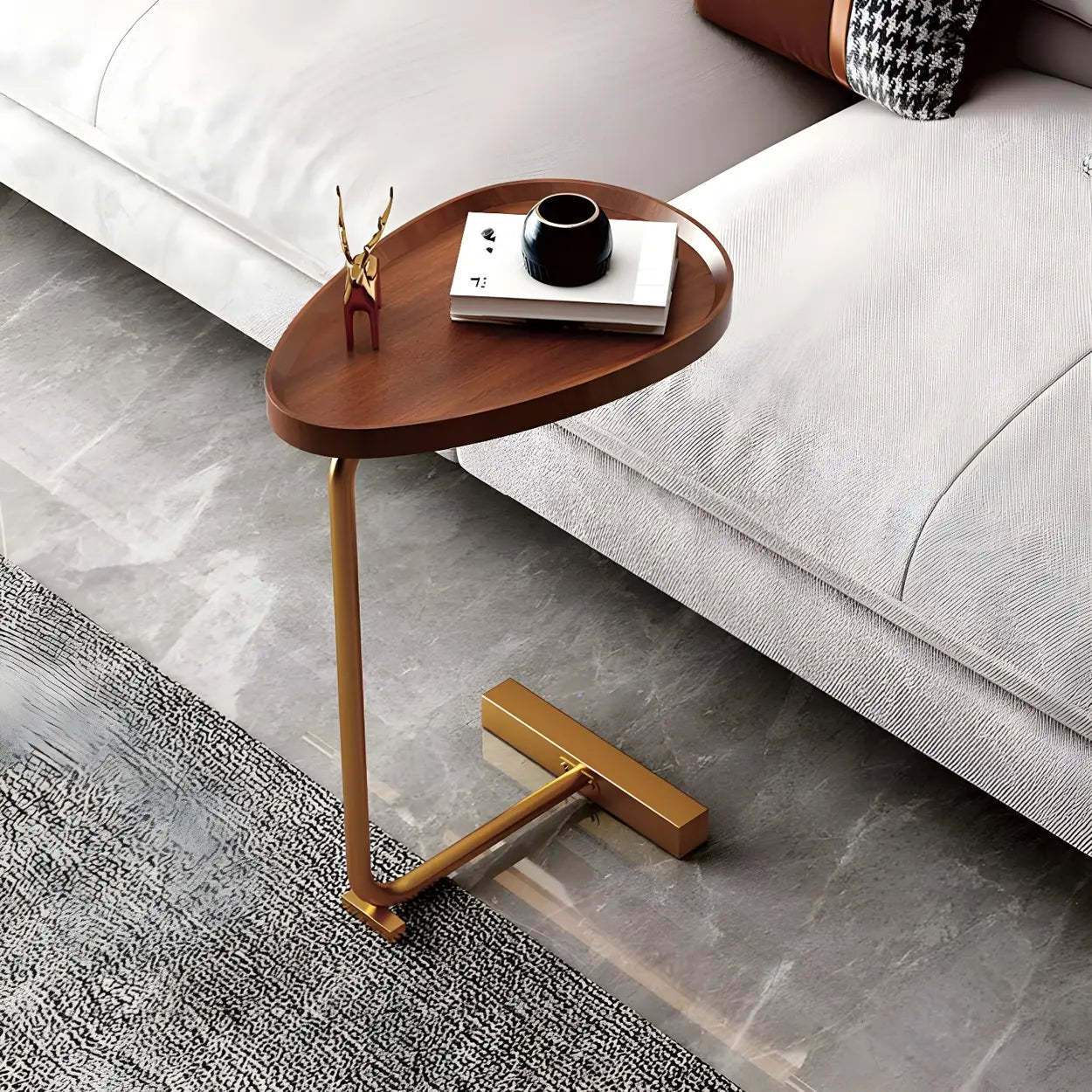 Natural Oval Wood Metal C-Shaped End Table — Flat / Black / White
