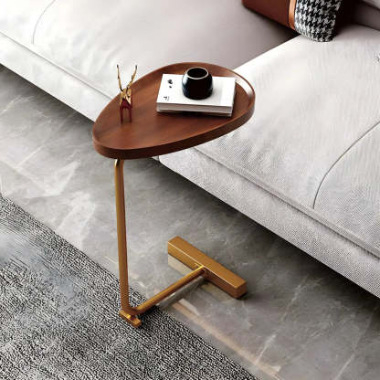 Natural Oval Wood Metal C-Shaped End Table — Flat / Black / White