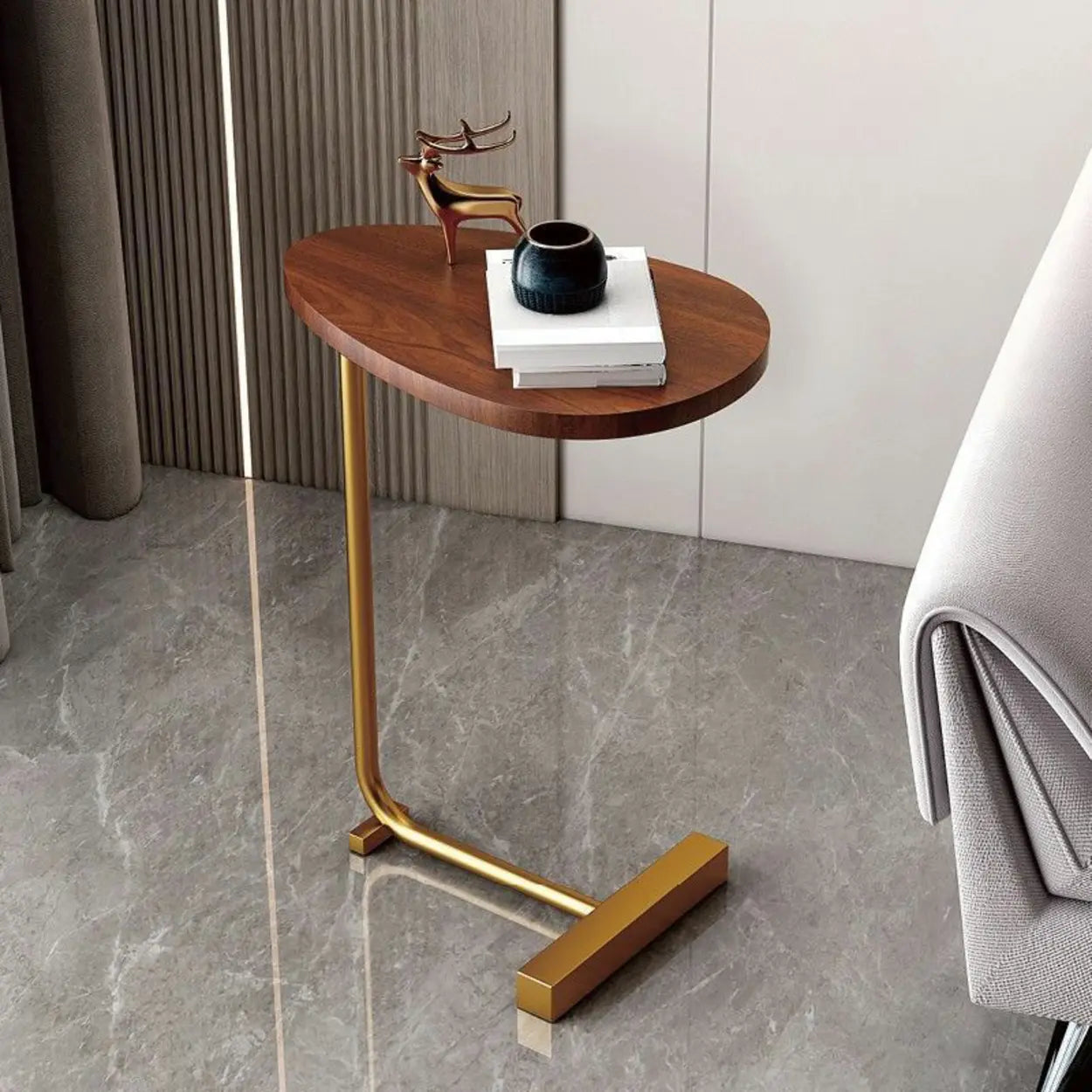 Natural Oval Wood Metal C-Shaped End Table — Flat / Black / Walnut