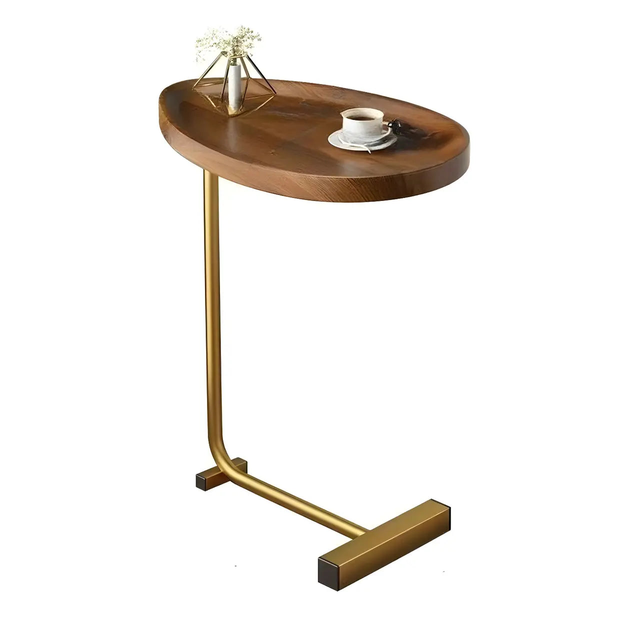 Natural Oval Wood Metal C-Shaped End Table — Flat / Gold / White