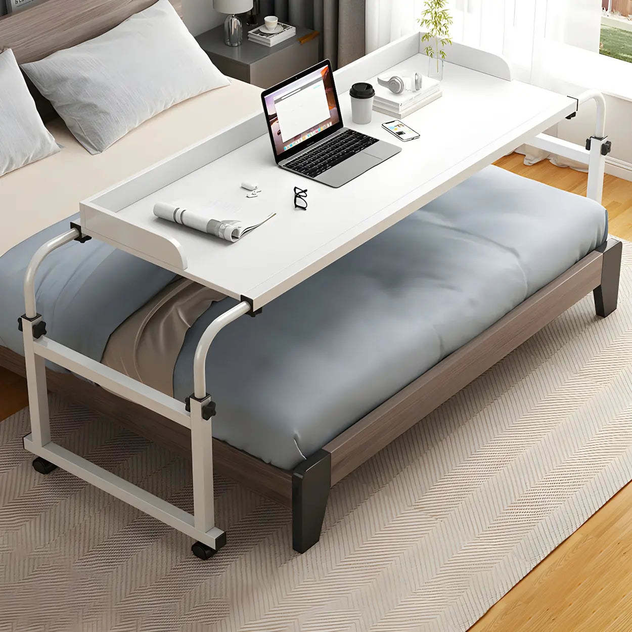 Modern writing over-bed desks in wood — 91" L x 17" W x 37" H / White