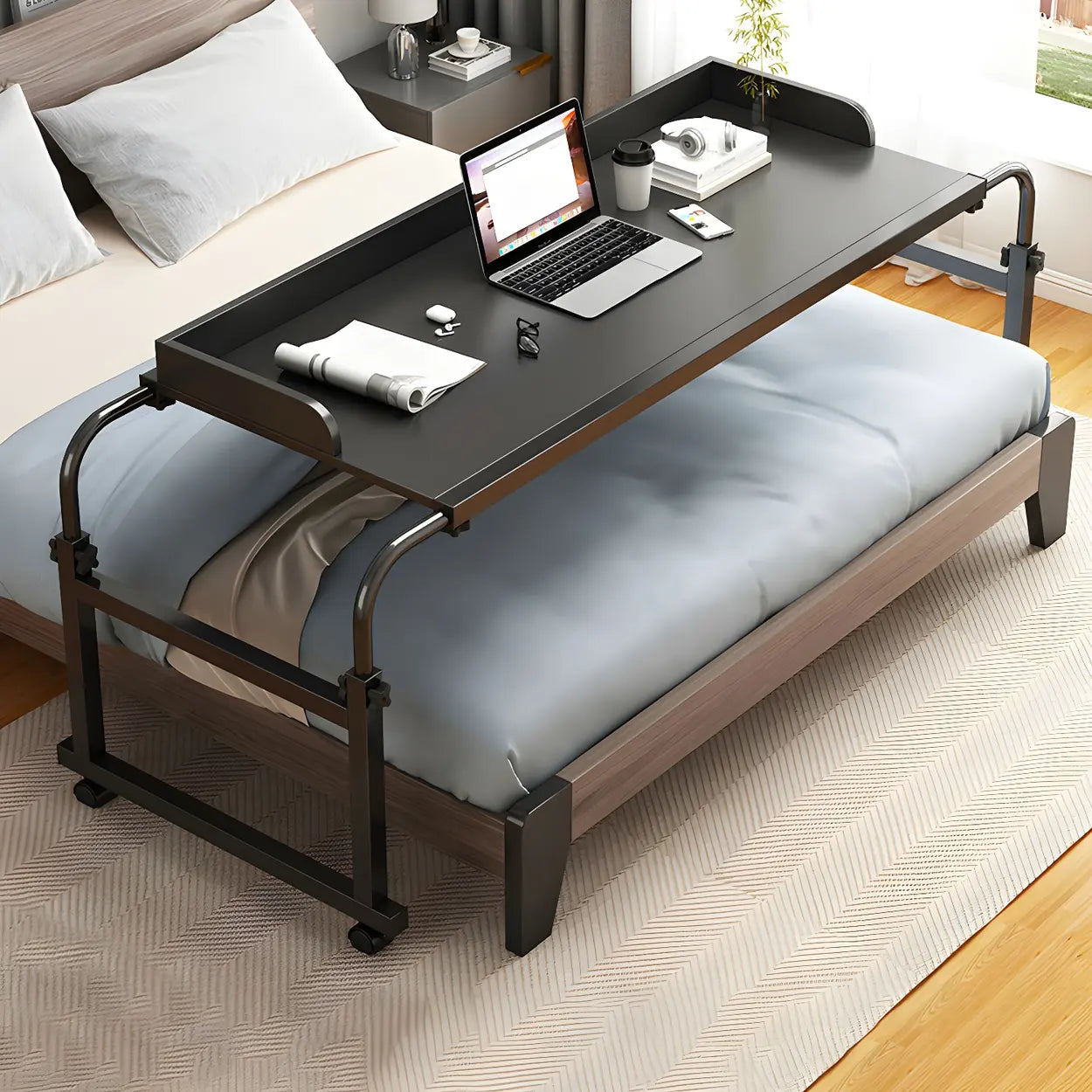 Over-Bed Adjustable Wood Writing Desk with Wheels — White / Table Only