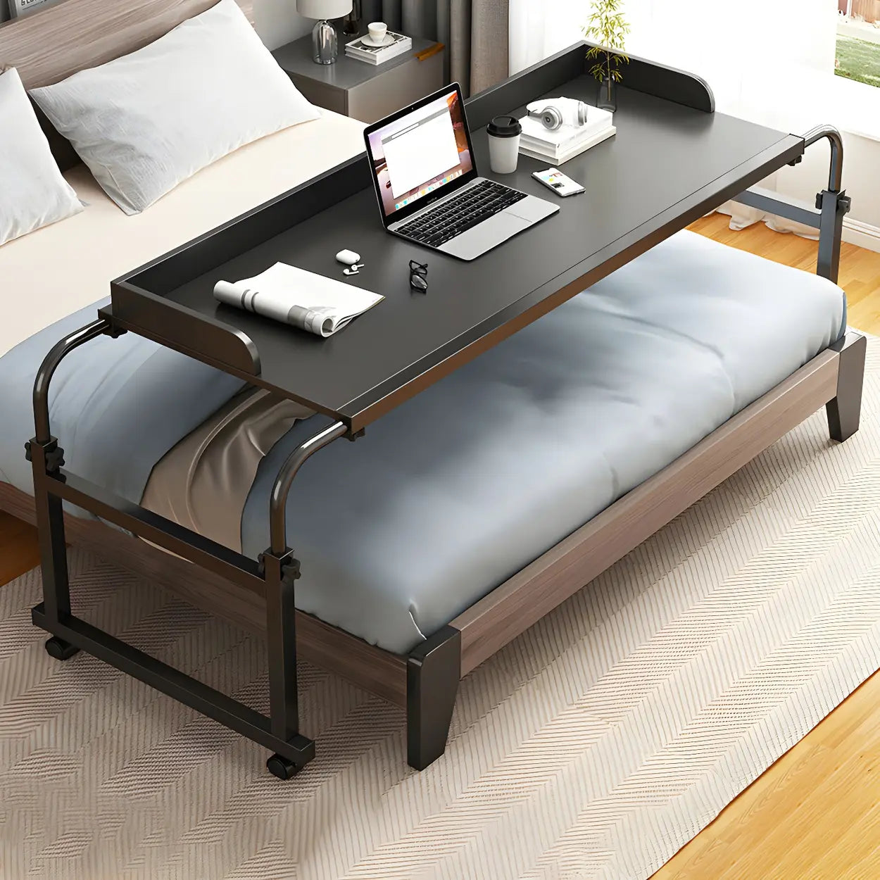 Over-Bed Adjustable Wood Writing Desk with Wheels — Brown / Table Only