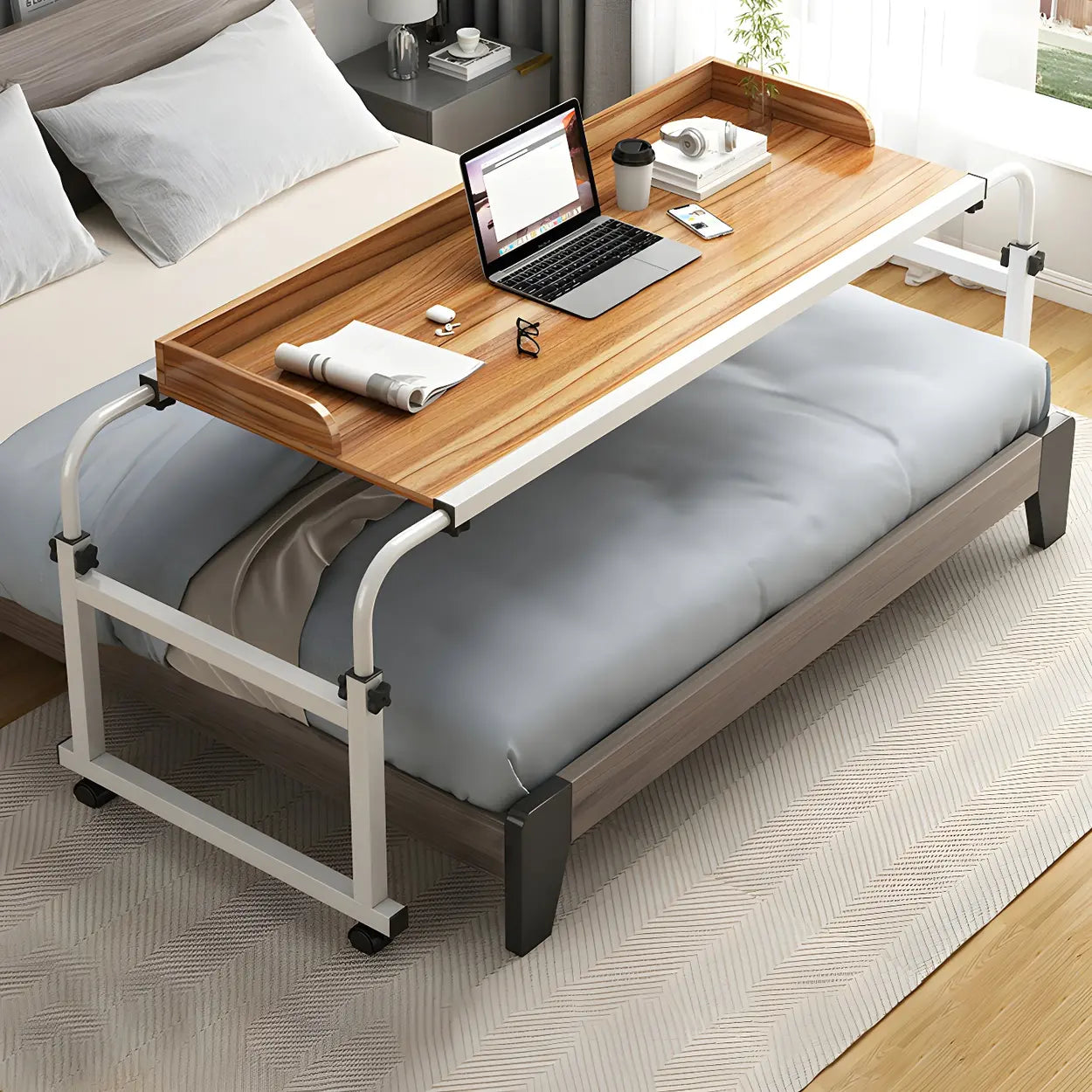Over-Bed Adjustable Wood Writing Desk with Wheels — White / Table Only