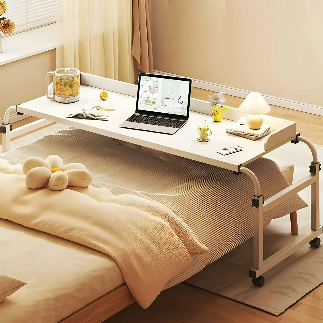 Over-Bed Adjustable Wood Writing Desk with Wheels — Brown / Table Only