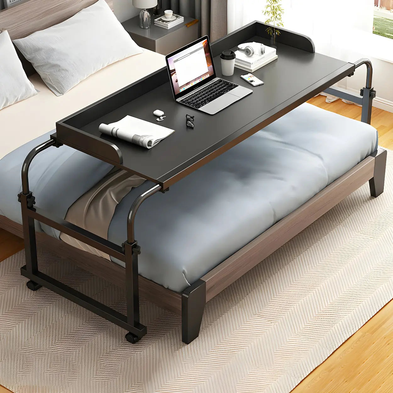 Over-Bed Adjustable Wood Writing Desk with Wheels
