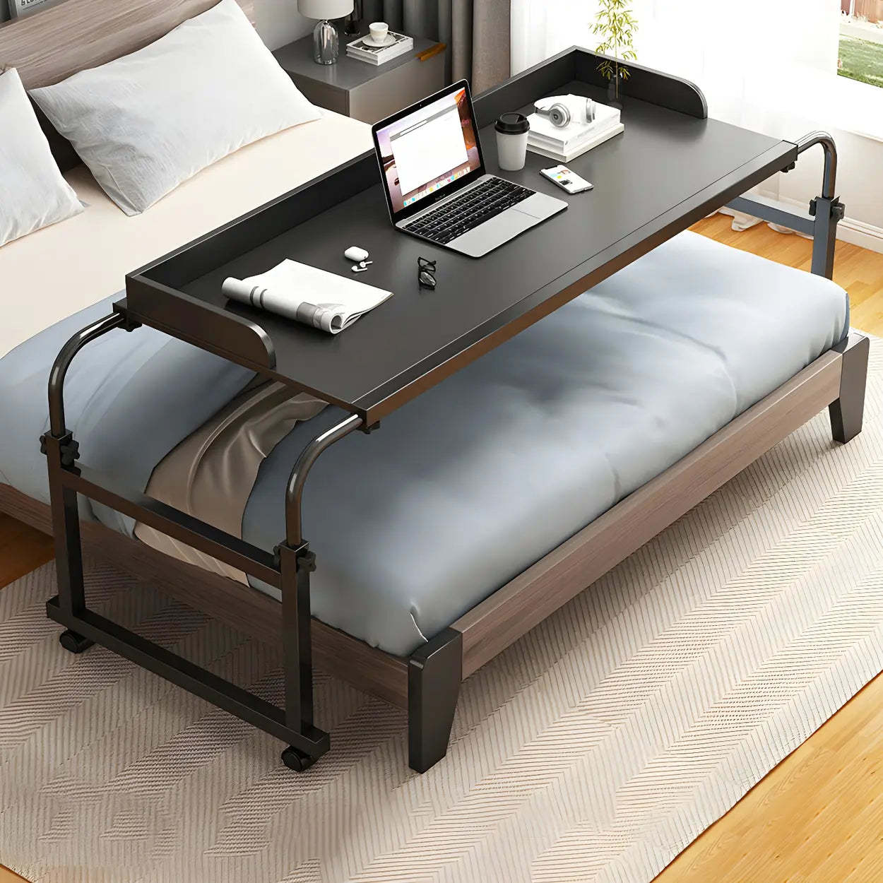 Over-Bed Adjustable Wood Writing Desk with Wheels