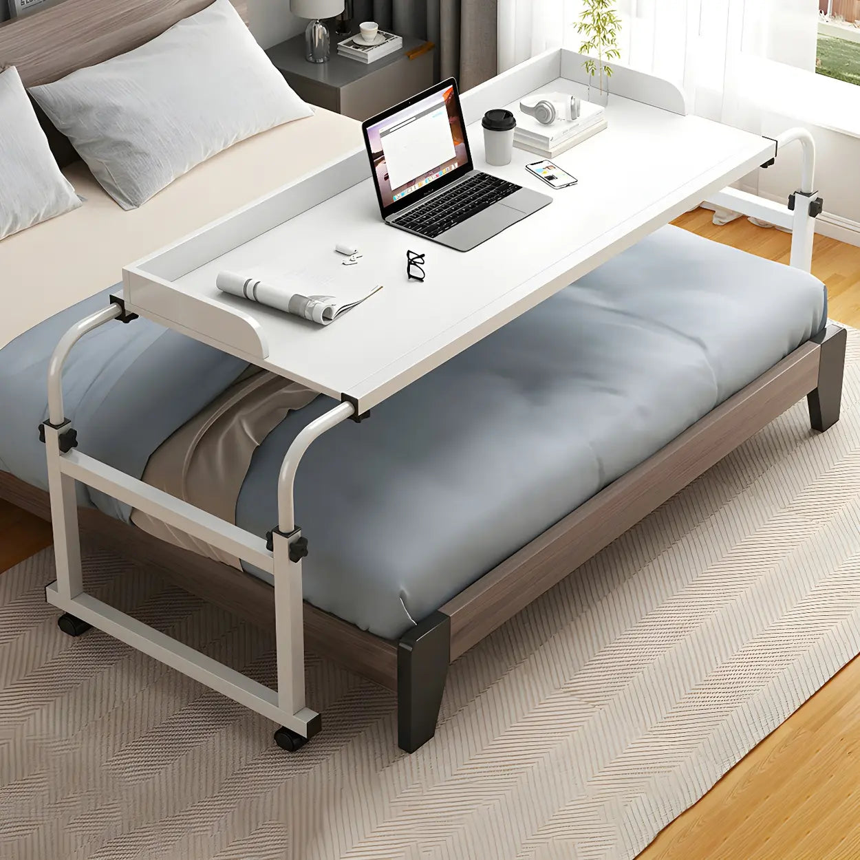 Over-Bed Adjustable Wood Writing Desk with Wheels