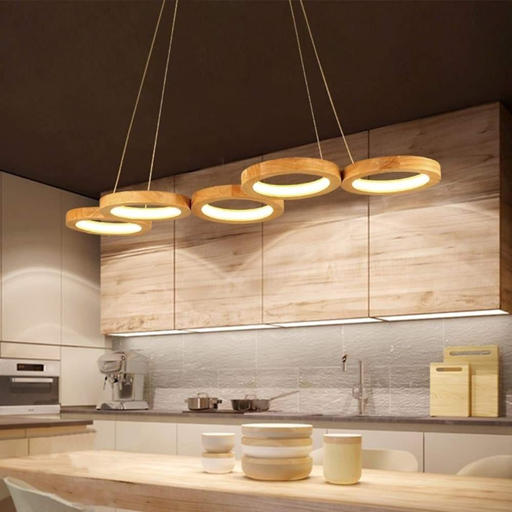 4-Circle Modern Wood Bamboo Acrylic LED Kitchen Pendant