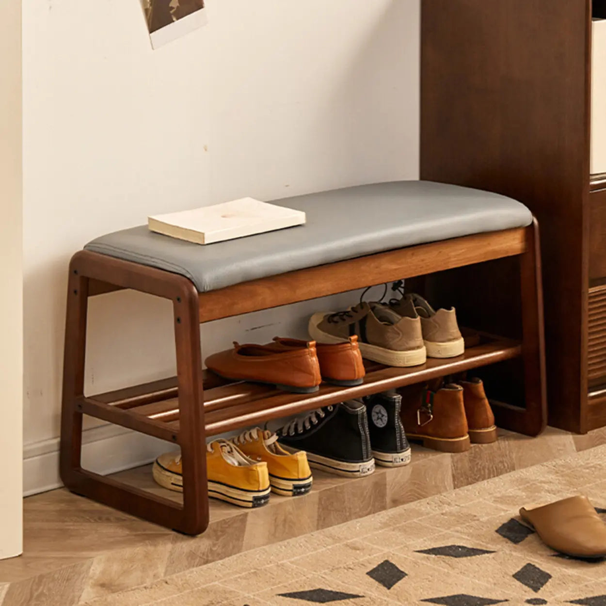 Padded Entryway Bench with Double Shoe Storage — Orange / Brown