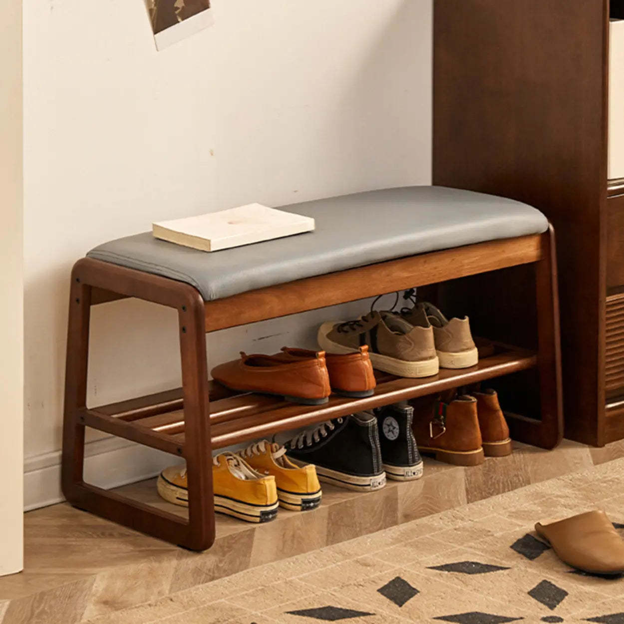 Padded Entryway Bench with Double Shoe Storage — Orange / Brown