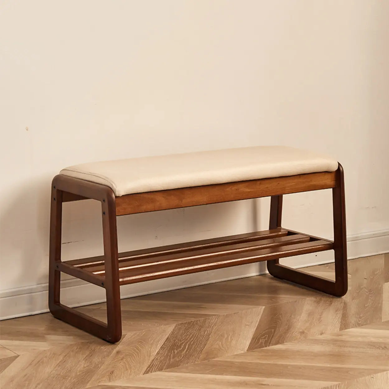 Padded Entryway Bench with Double Shoe Storage — Off-White / Brown
