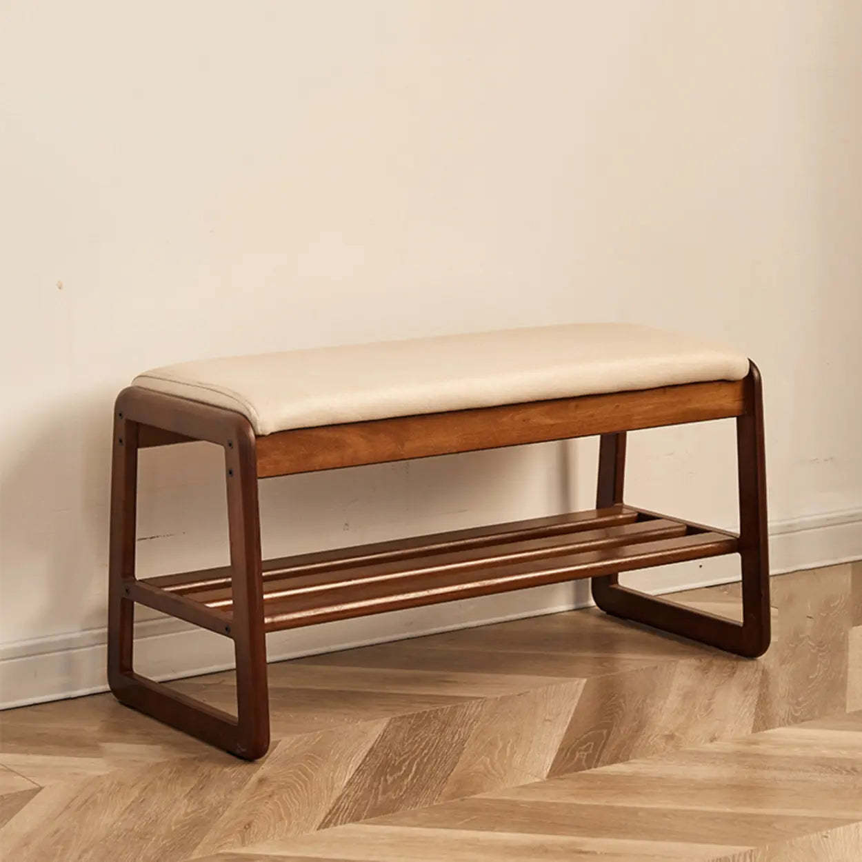 Padded Entryway Bench with Double Shoe Storage — Off-White / Brown