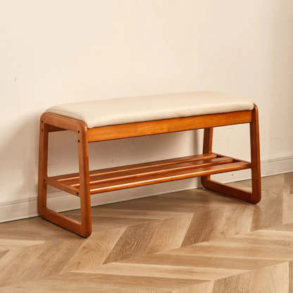 Padded Entryway Bench with Double Shoe Storage — Off-White / Brown