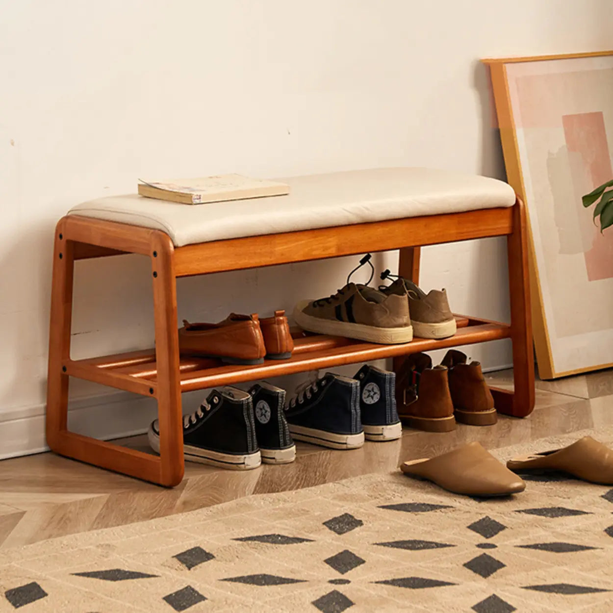 Padded Entryway Bench with Double Shoe Storage — Off-White / Natural