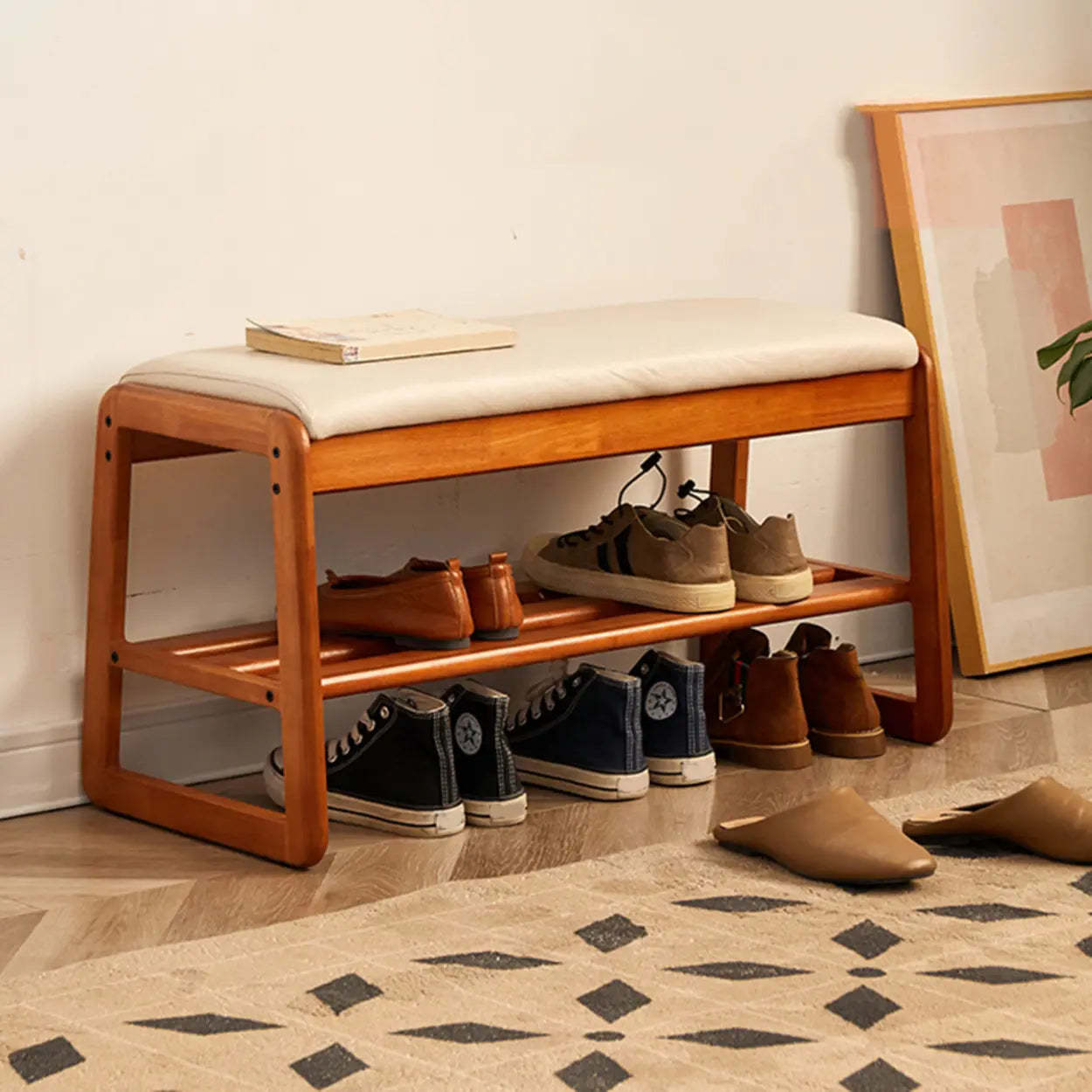 Padded Entryway Bench with Double Shoe Storage — Off-White / Natural