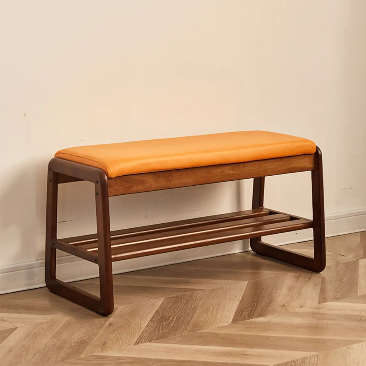 Padded Entryway Bench with Double Shoe Storage — Orange / Natural