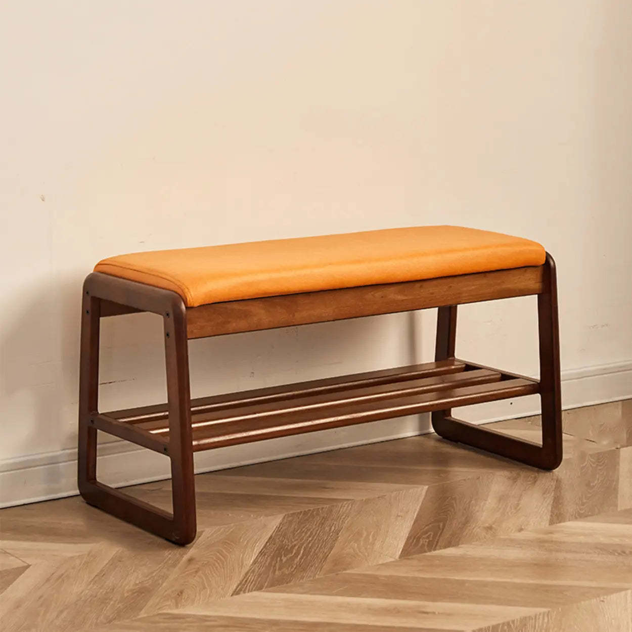 Padded Entryway Bench with Double Shoe Storage — Orange / Natural