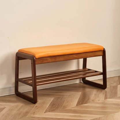 Padded Entryway Bench with Double Shoe Storage — Orange / Natural