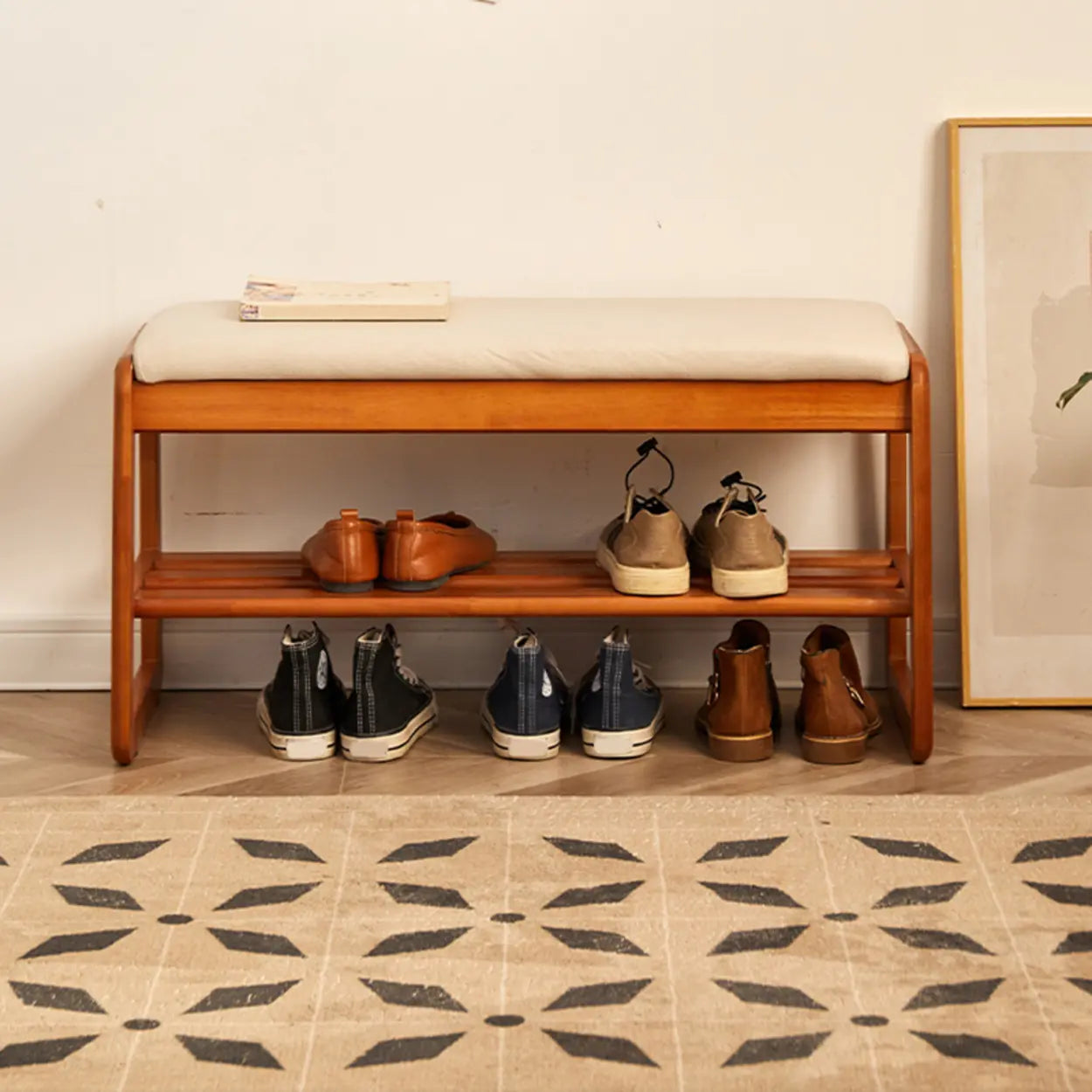 Padded Entryway Bench with Double Shoe Storage — Off-White / Natural