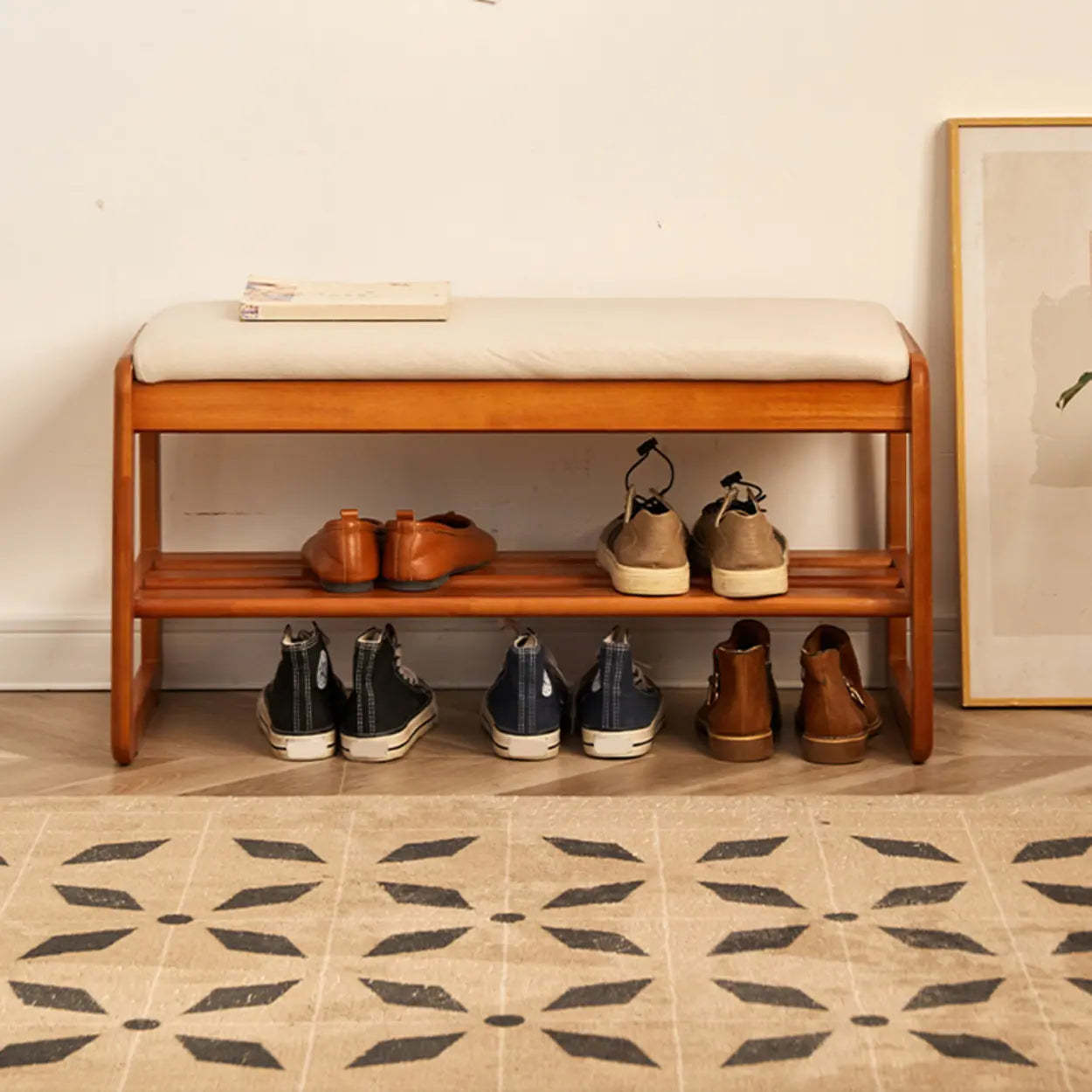 Padded Entryway Bench with Double Shoe Storage — Off-White / Natural