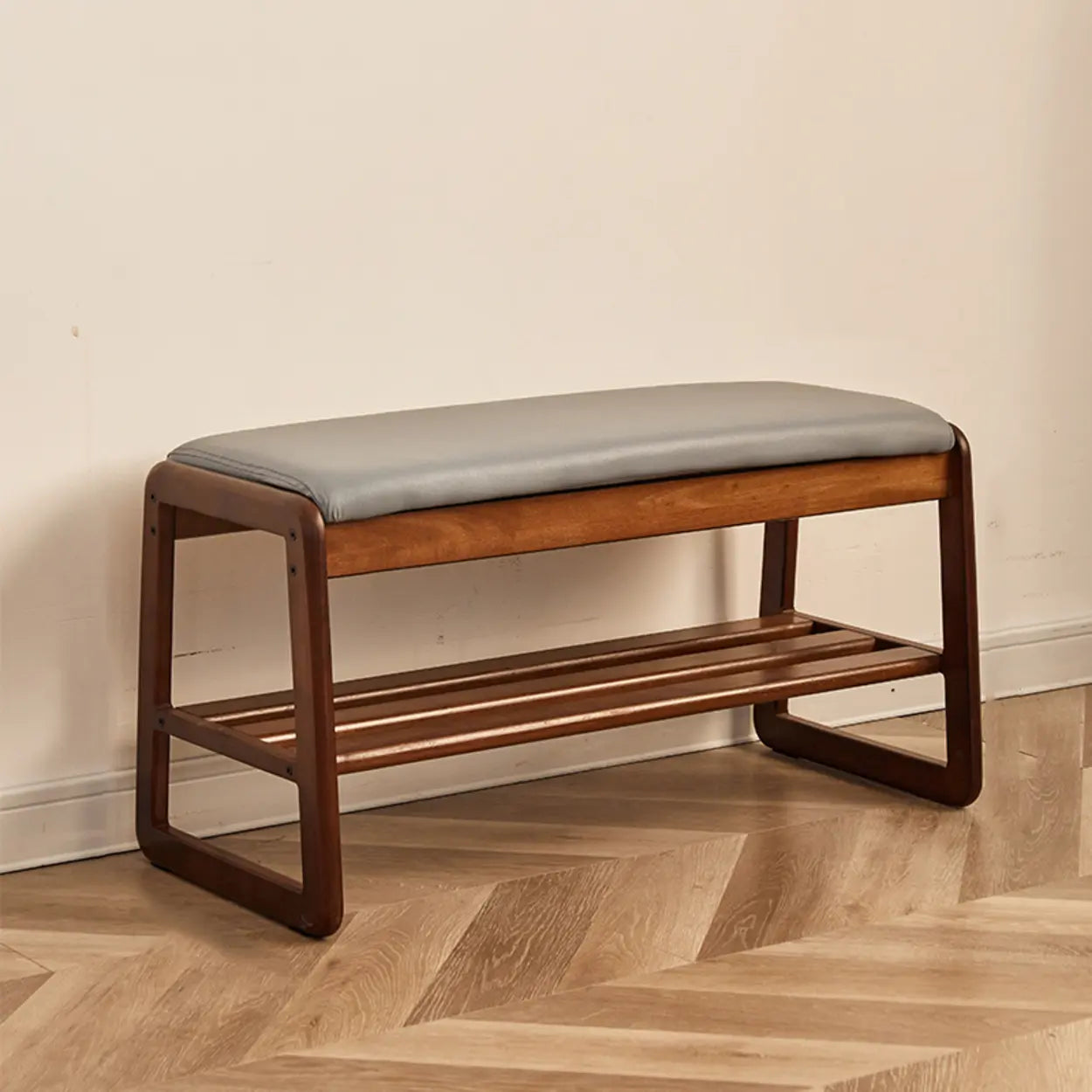 Padded Entryway Bench with Double Shoe Storage — Grey / Brown
