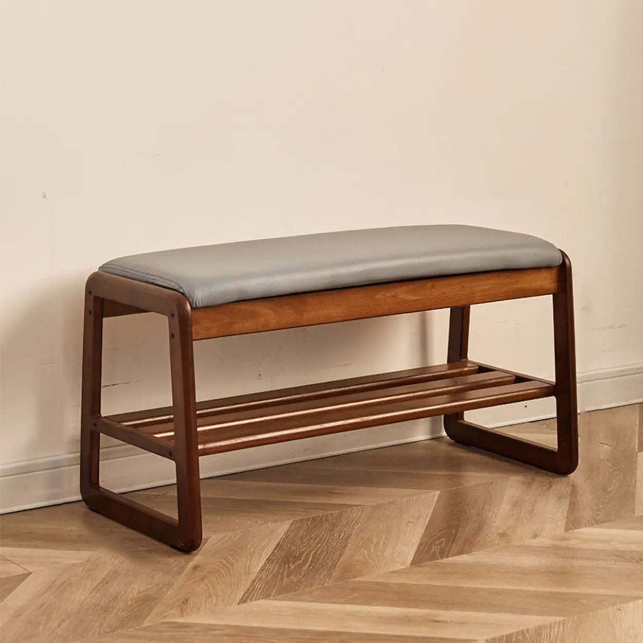 Padded Entryway Bench with Double Shoe Storage — Grey / Brown