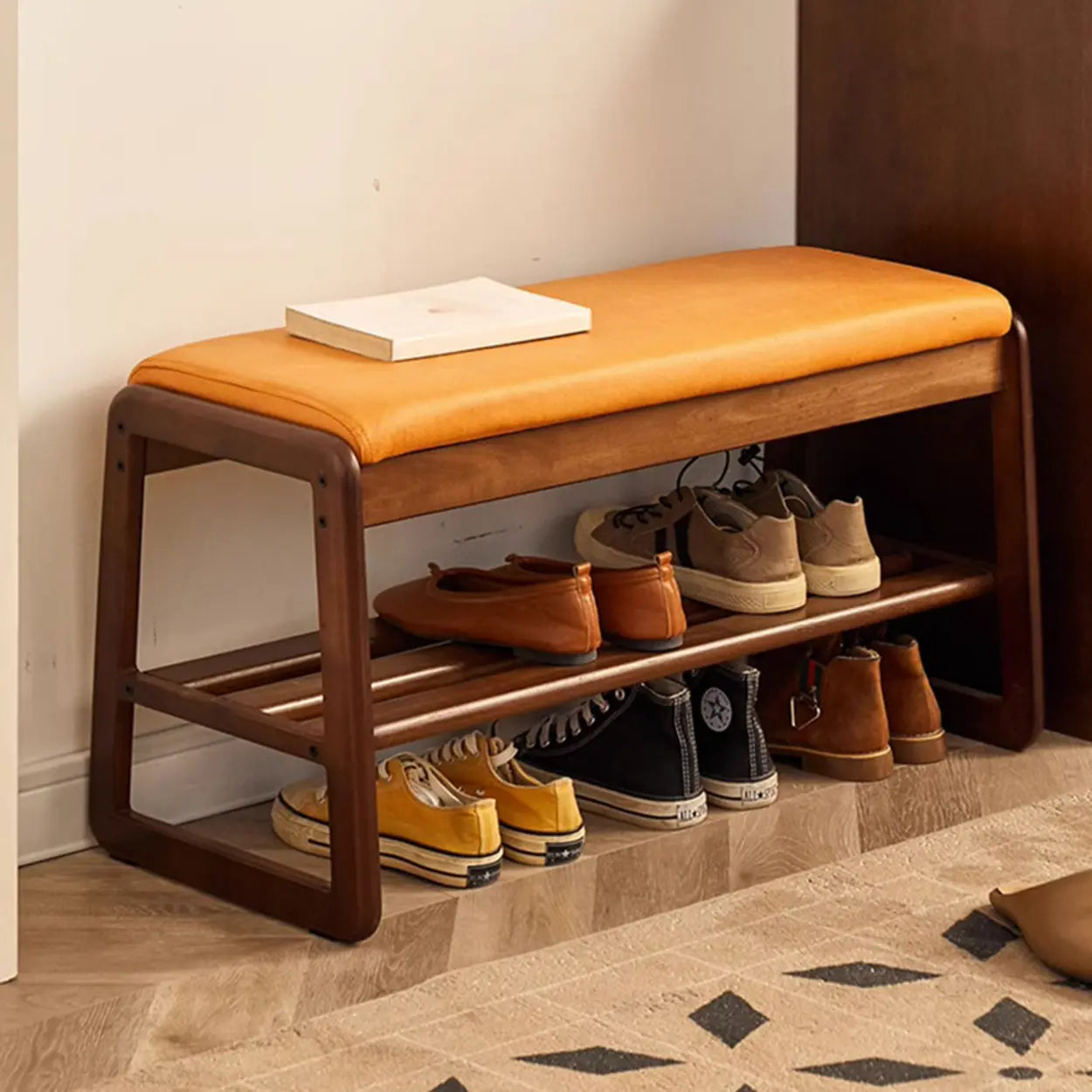 Padded Entryway Bench with Double Shoe Storage — Grey / Natural
