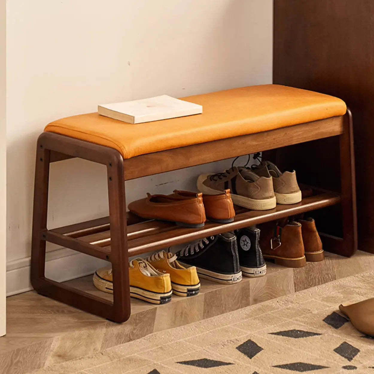 Padded Entryway Bench with Double Shoe Storage — Grey / Natural