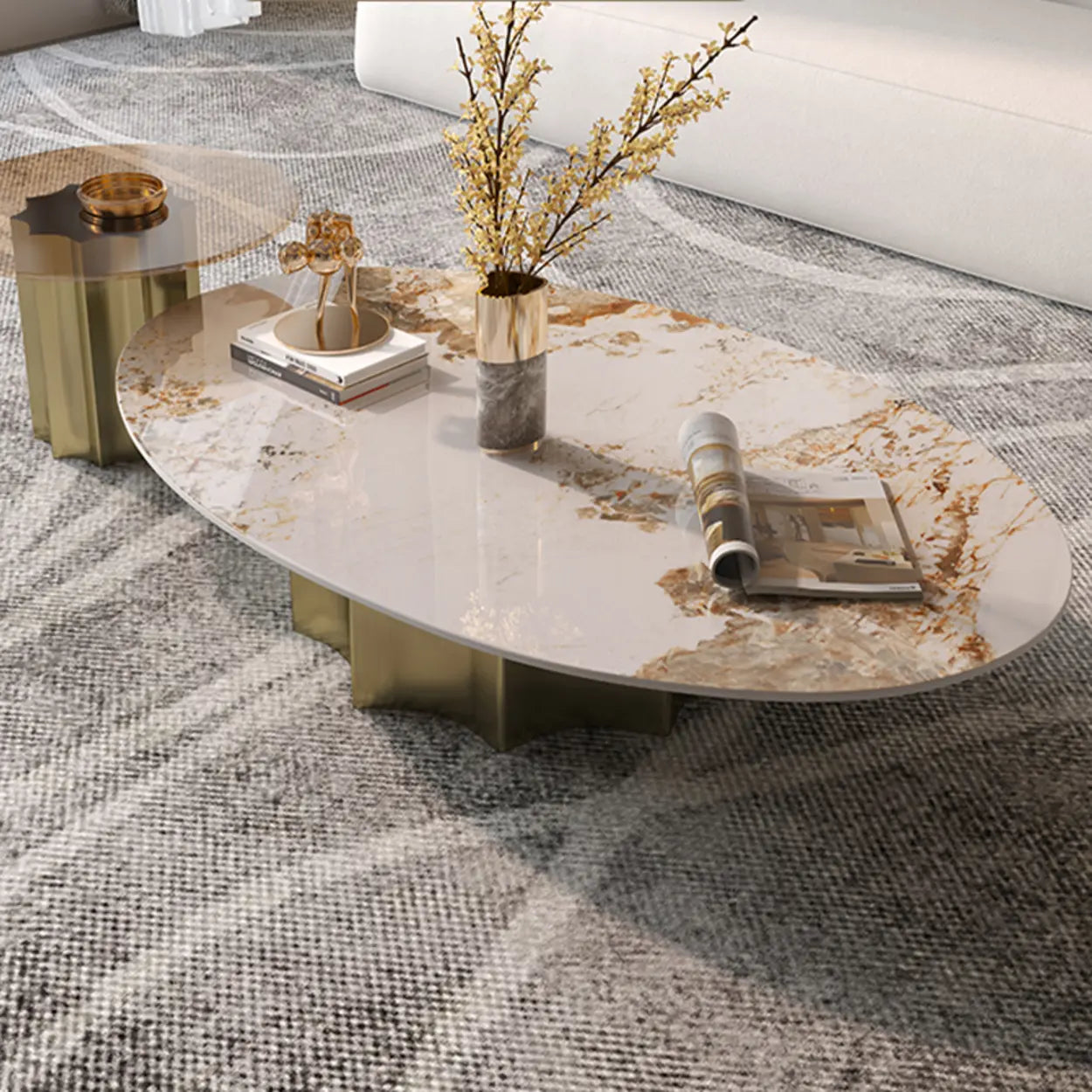 Pandora Gold Scratch Resistant Stone Oval Coffee Table — White