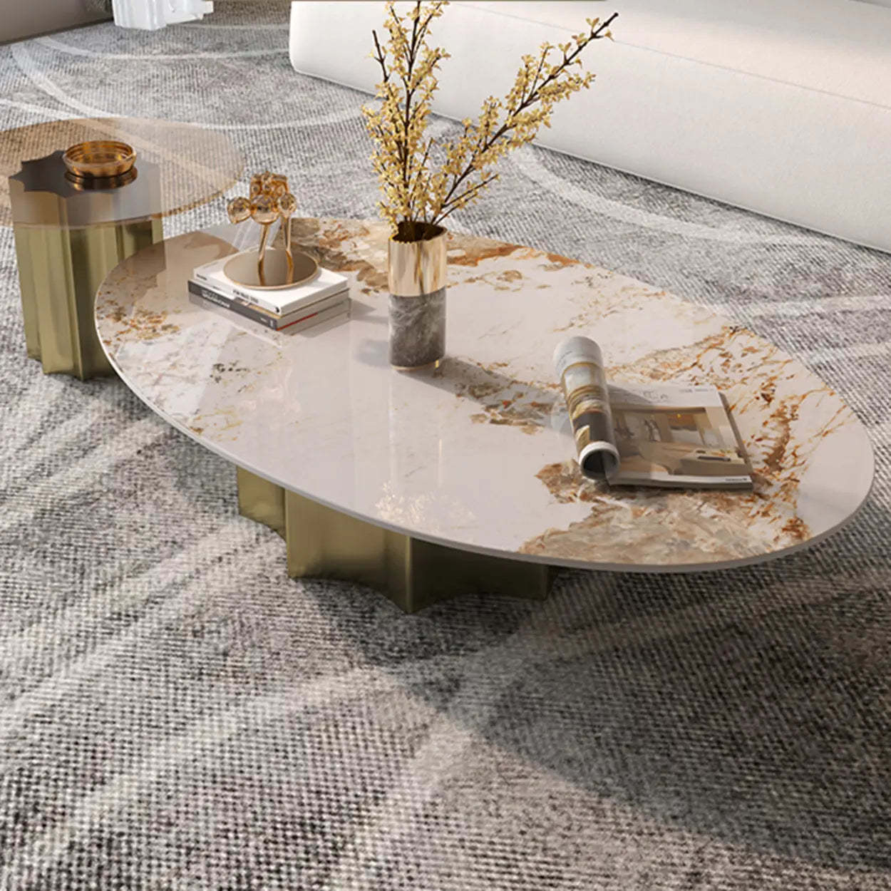 Pandora Gold Scratch Resistant Stone Oval Coffee Table — White