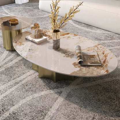Pandora Gold Scratch Resistant Stone Oval Coffee Table — White
